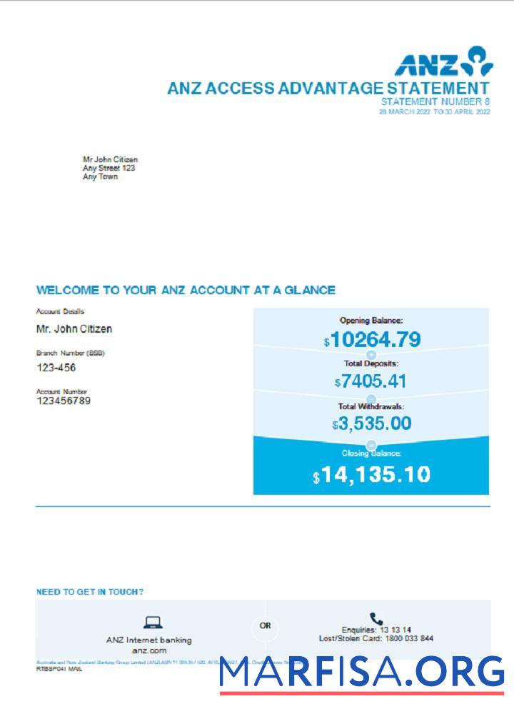 Printable Australia ANZ bank statement version 2 template